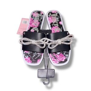 Juicy Couture‎ Women's 7M Slides Sandals Black Pink Rose Bow Rhinestone